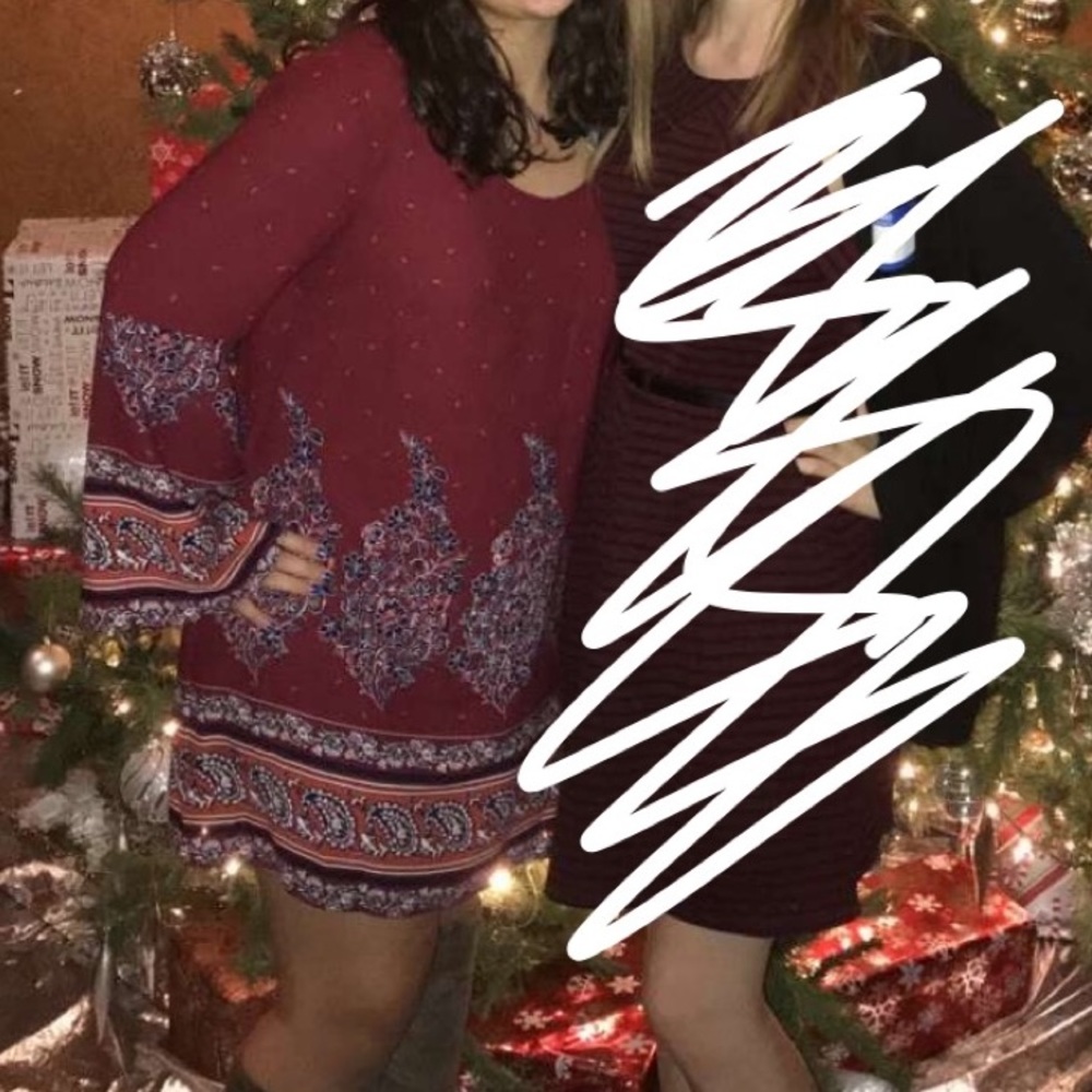 Patterned Bell Sleeve Dress with Pockets